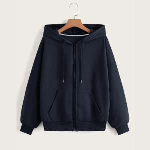 Drop Shoulder Drawstring Thermal Lined Zip Up Hoodie - Navy Blue
