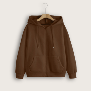 Drop Shoulder Drawstring Thermal Lined Zip Up Hoodie - Brown