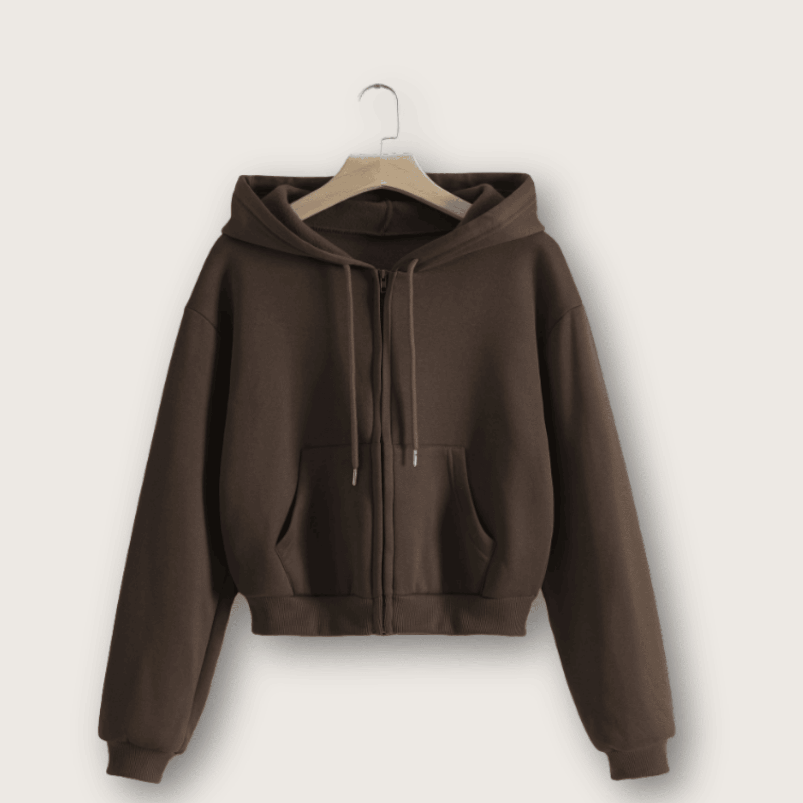 1762395012343.png Drop Shoulder Drawstring Thermal Lined Crop For Women Zip Up Hoodie - Brown