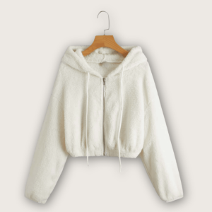 Front Drawstring Detail Teddy Women Jacket Zip Up Hoodie - Beige
