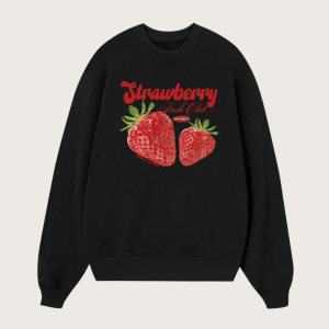 Tropical Strawberry Relaxed Fit Fleece Cotton Blend Pullover Sweater - Black