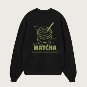Iced Matcha Relaxed Fit Fleece Cotton Blend Pullover Sweater - Black