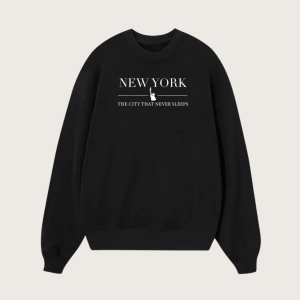 New York The City That Never Sleeps Relaxed Fit Fleece Cotton Blend Pullover Sweater - Black