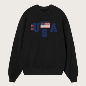 USA California Relaxed Fit Fleece Cotton Blend Pullover Sweater - Black