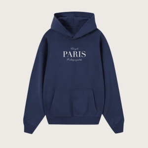 City Let's Go to Paris Relaxed Fit Fleece Cotton Blend Pullover Hoodie - Navy