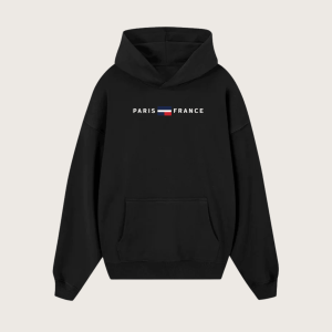 City Paris France Relaxed Fit Fleece Cotton Blend Pullover Hoodie - Black