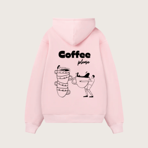 Coffee Please Relaxed Fit Fleece Cotton Blend Pullover Hoodie - Pink
