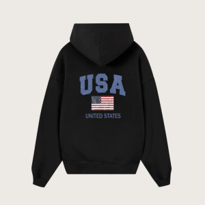 USA Vintage United State Relaxed Fit Fleece Cotton Blend Pullover Hoodie - Black